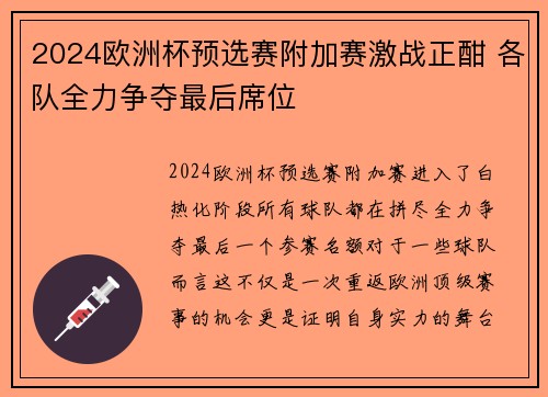 2024欧洲杯预选赛附加赛激战正酣 各队全力争夺最后席位